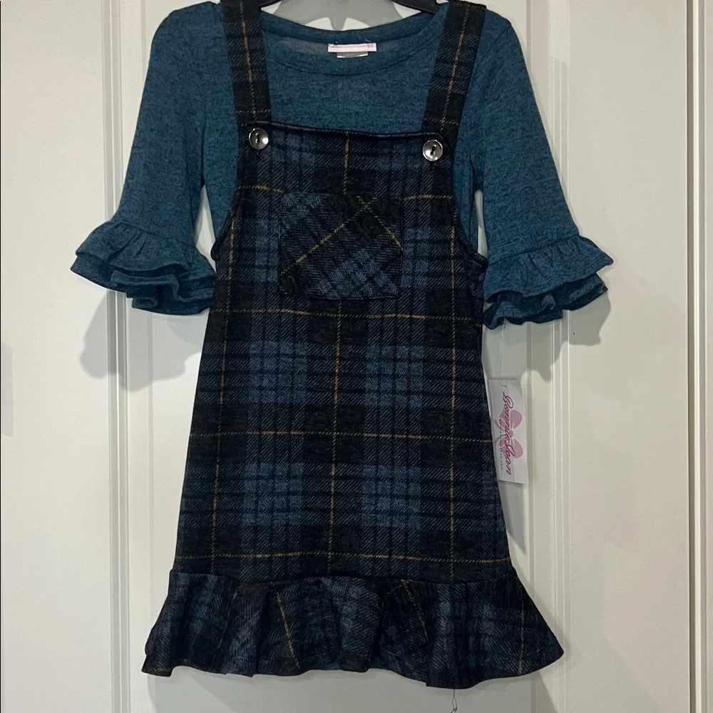 BONNIE JEAN navy blue & mustard plaid 2 piece dress with ruffle hem
